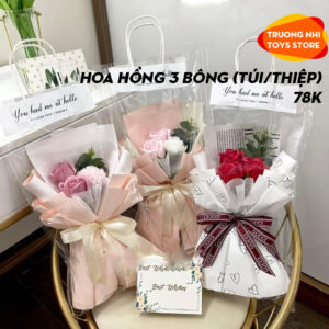 HOA-Hoa hồng 3 bông đựng túi trong suốt + thiệp